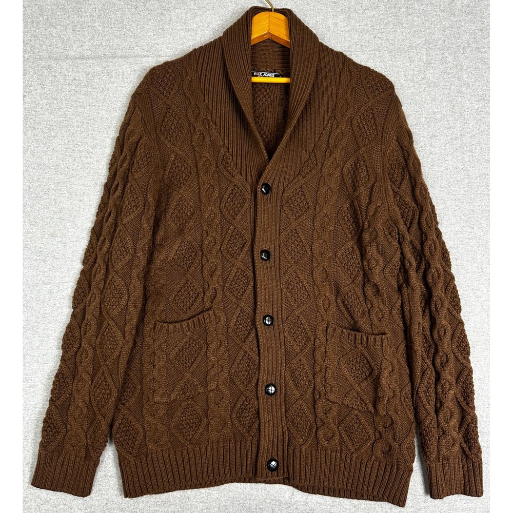 Paul Jones Cardigan Sweater Large Brown Shawl Collar Cable Knit Button Front